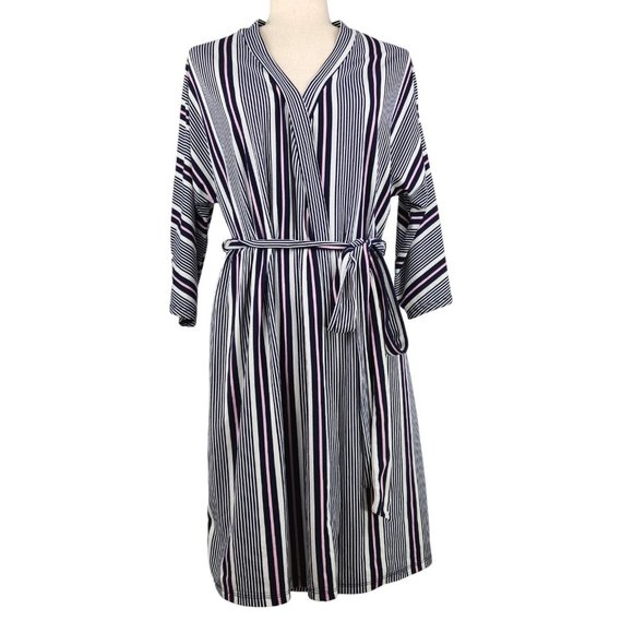 Laura Ashley Wrap Dress Size Medium Blue White Pink Striped 3/4 Sleeve - Picture 3 of 7